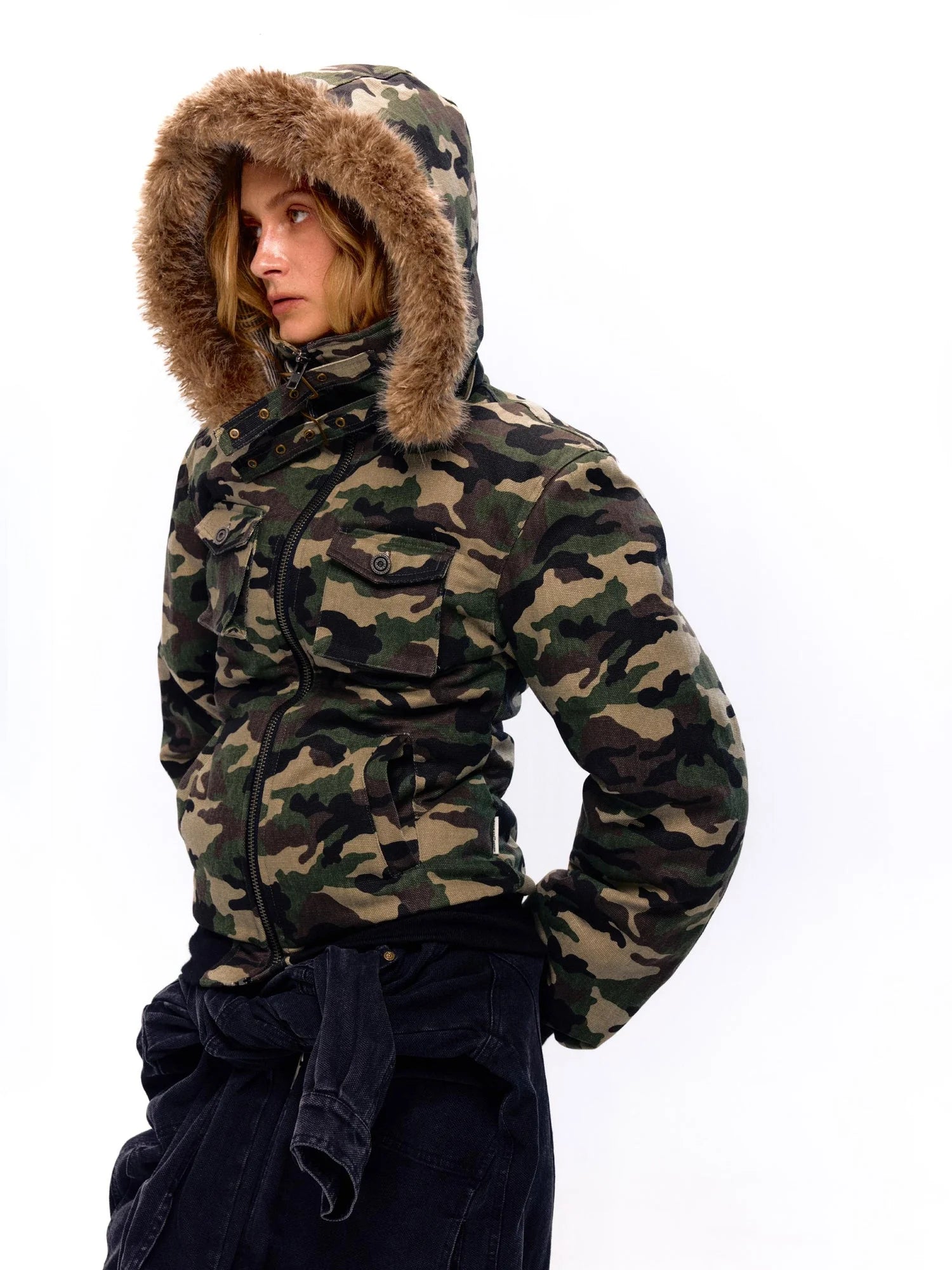Military Style Camo Washed Cotton Jacket With Detachable Fur Hood