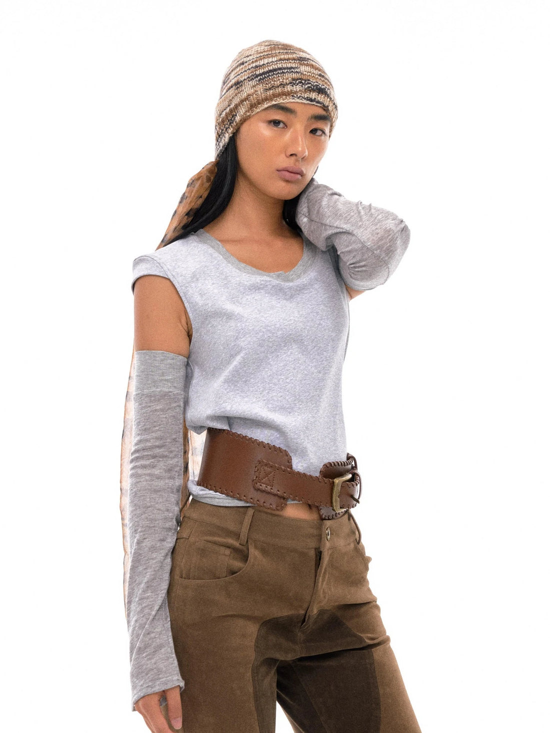 Multi Way Detachable Sleeve Lyocell Blend Knit Top