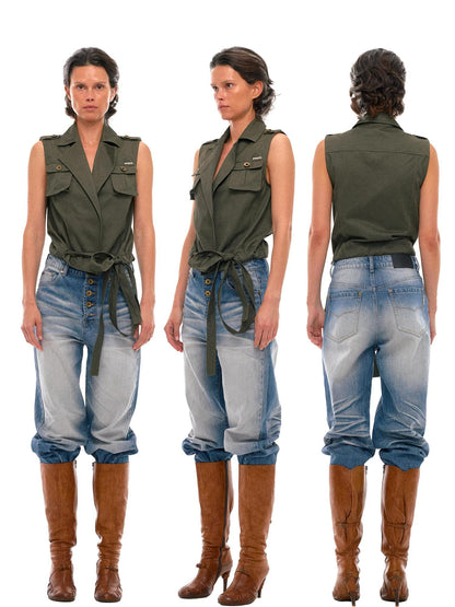 NyDkyel Multi Way Sleeveless Vest with Adjustable Drawstring and Flat Collar