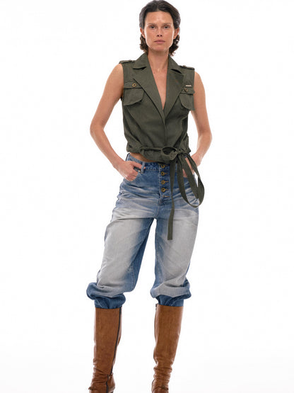 NyDkyel Multi Way Sleeveless Vest with Adjustable Drawstring and Flat Collar