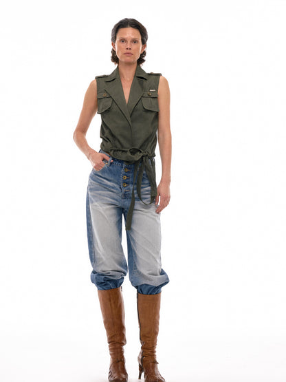 NyDkyel Multi Way Sleeveless Vest with Adjustable Drawstring and Flat Collar