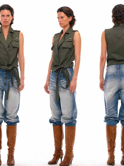 NyDkyel Multi Way Sleeveless Vest with Adjustable Drawstring and Flat Collar