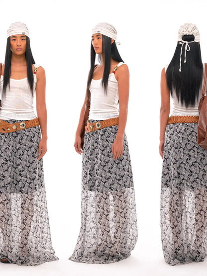N Y Dkyel Black White Floral A Line Skirt With Draped Waist