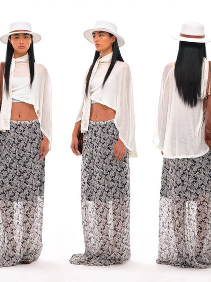N Y Dkyel Black White Floral A Line Skirt With Draped Waist