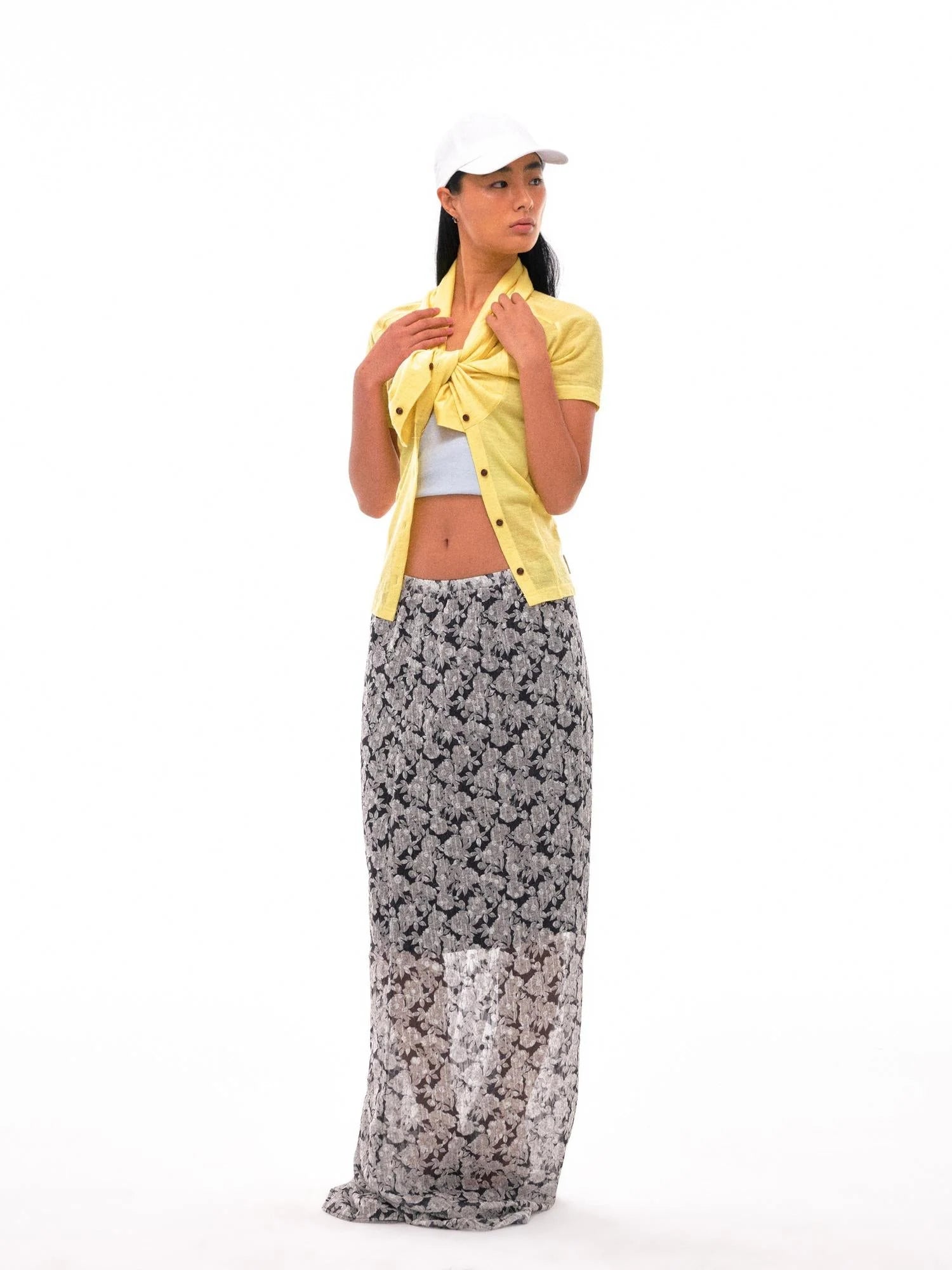 N Y Dkyel Black White Floral A Line Skirt With Draped Waist