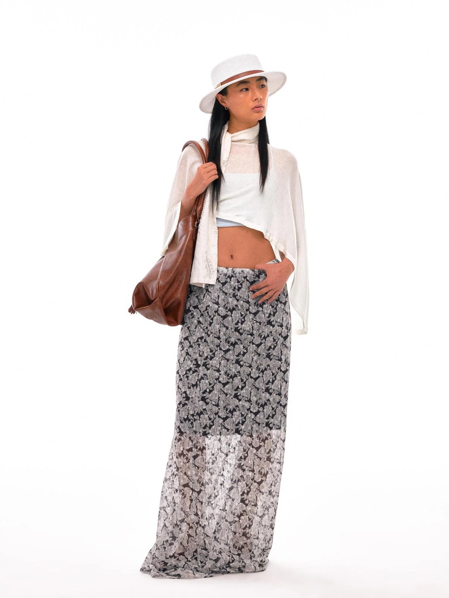 N Y Dkyel Black White Floral A Line Skirt With Draped Waist