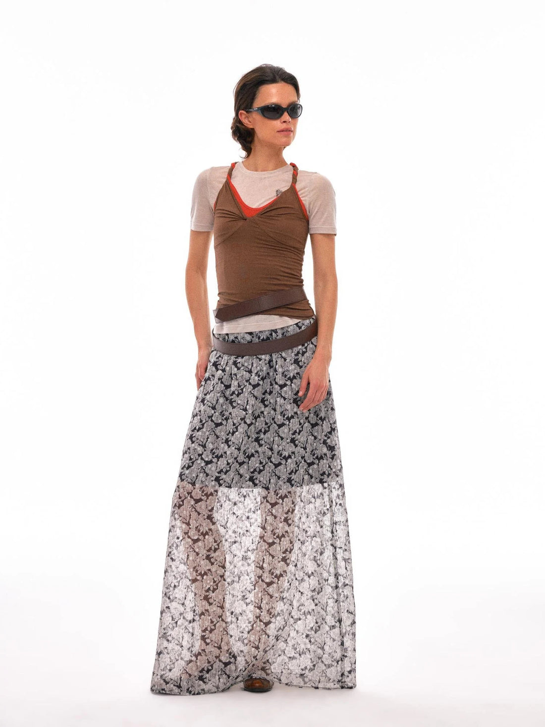 N Y Dkyel Black White Floral A Line Skirt With Draped Waist