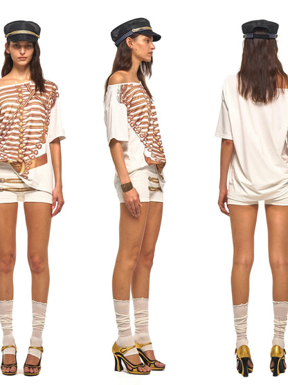 NyDkyel Napoleon Print Asymmetric Slant Neck Women&