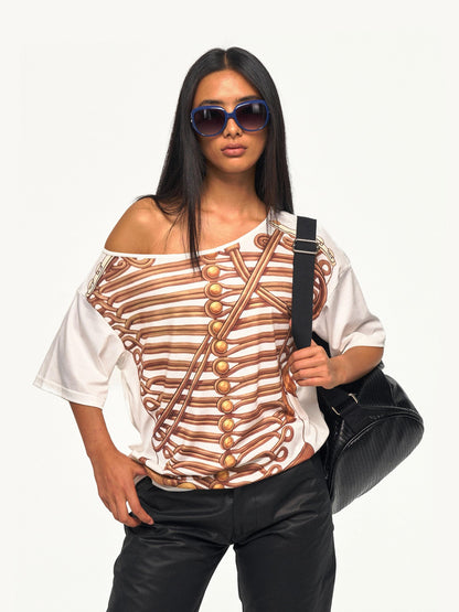 NyDkyel Napoleon Print Asymmetric Slant Neck Women&