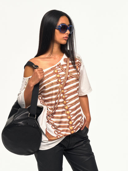 NyDkyel Napoleon Print Asymmetric Slant Neck Women&