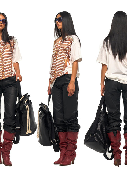 NyDkyel Napoleon Print Asymmetric Slant Neck Women&