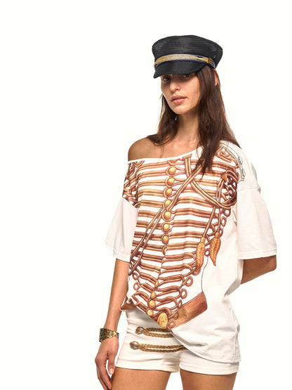 NyDkyel Napoleon Print Asymmetric Slant Neck Women&
