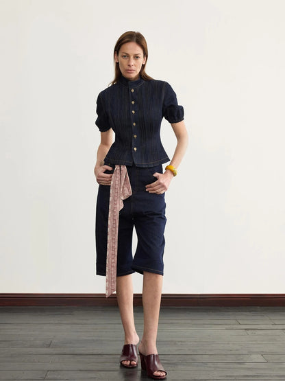 Navy Blue 100 Cotton Denim Cuffed Knee Length Shorts