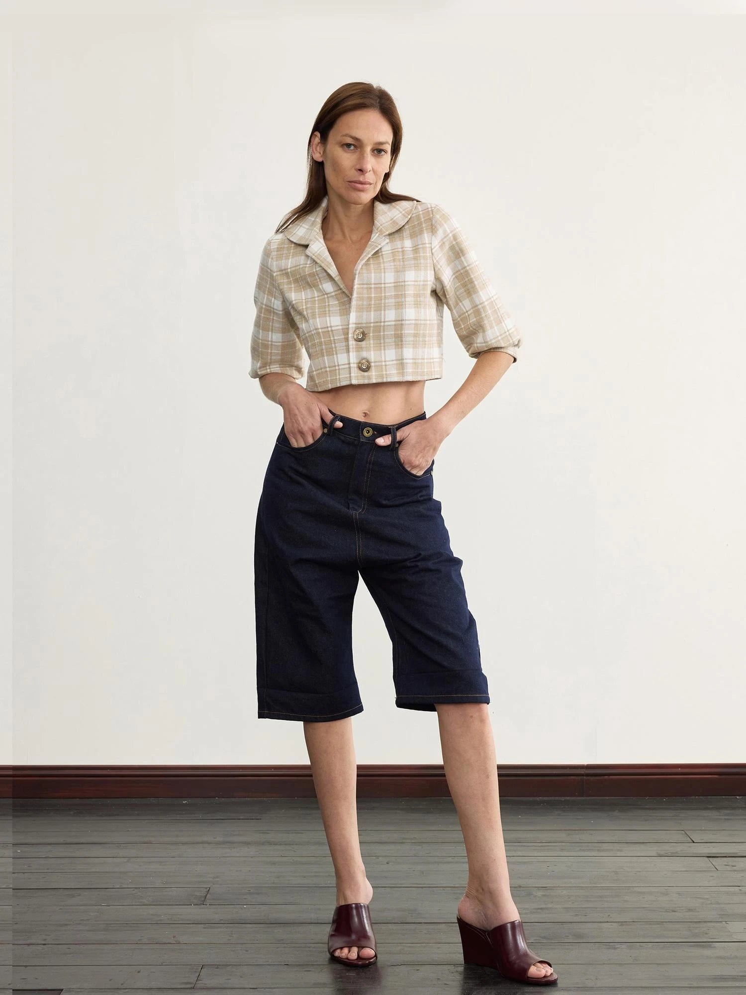 Navy Blue 100 Cotton Denim Cuffed Knee Length Shorts