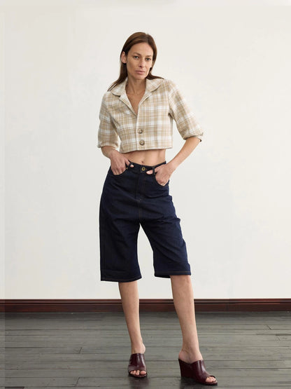Navy Blue 100 Cotton Denim Cuffed Knee Length Shorts