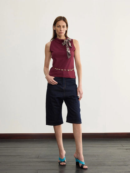 Navy Blue 100 Cotton Denim Cuffed Knee Length Shorts
