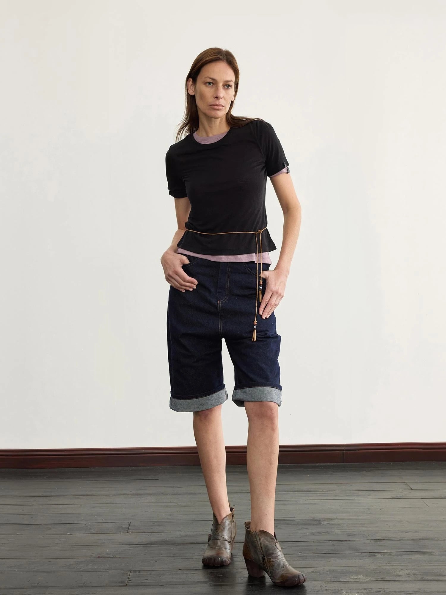Navy Blue 100 Cotton Denim Cuffed Knee Length Shorts
