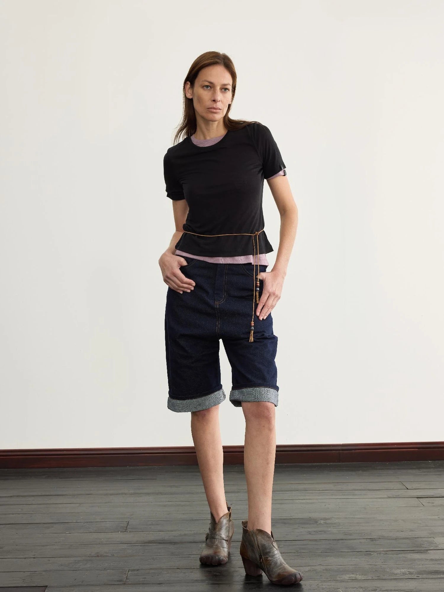 Navy Blue 100 Cotton Denim Cuffed Knee Length Shorts