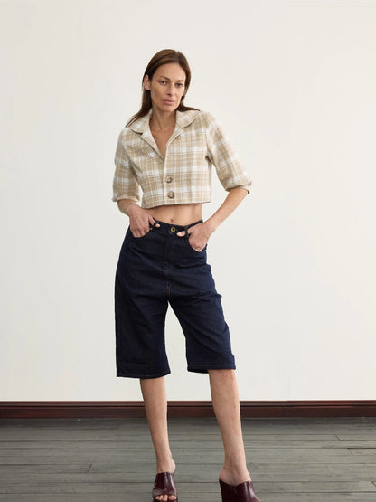 Navy Blue 100 Cotton Denim Cuffed Knee Length Shorts