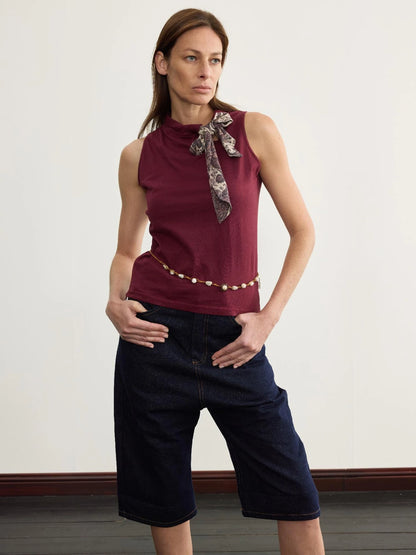 Navy Blue 100 Cotton Denim Cuffed Knee Length Shorts