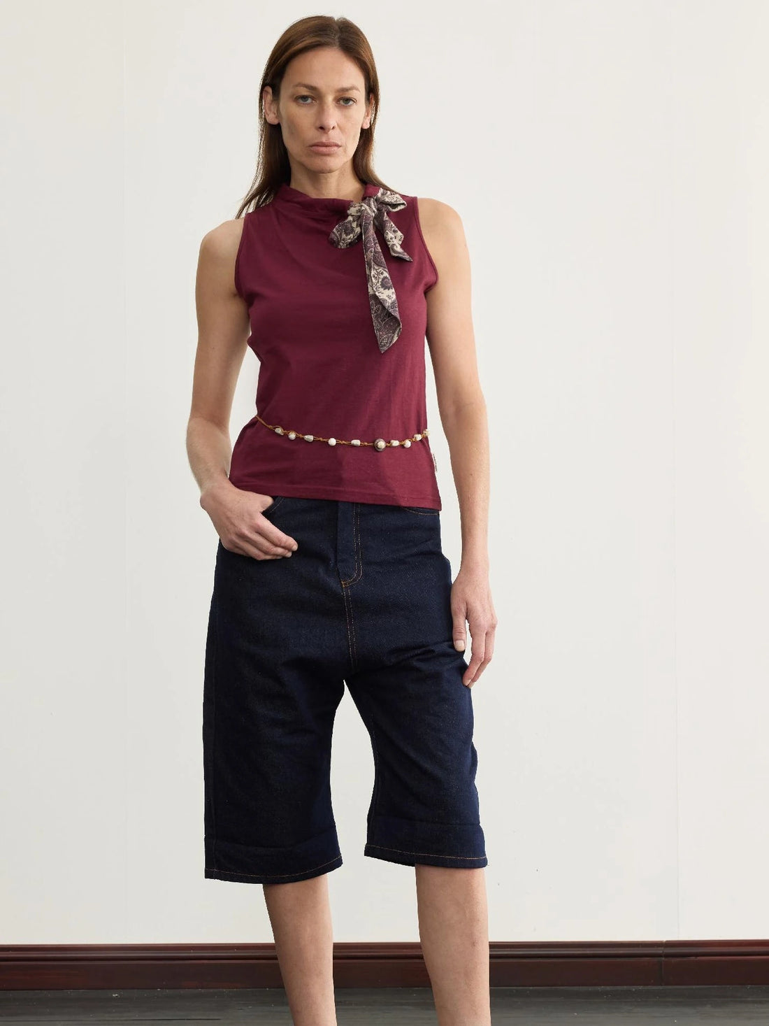 Navy Blue 100 Cotton Denim Cuffed Knee Length Shorts