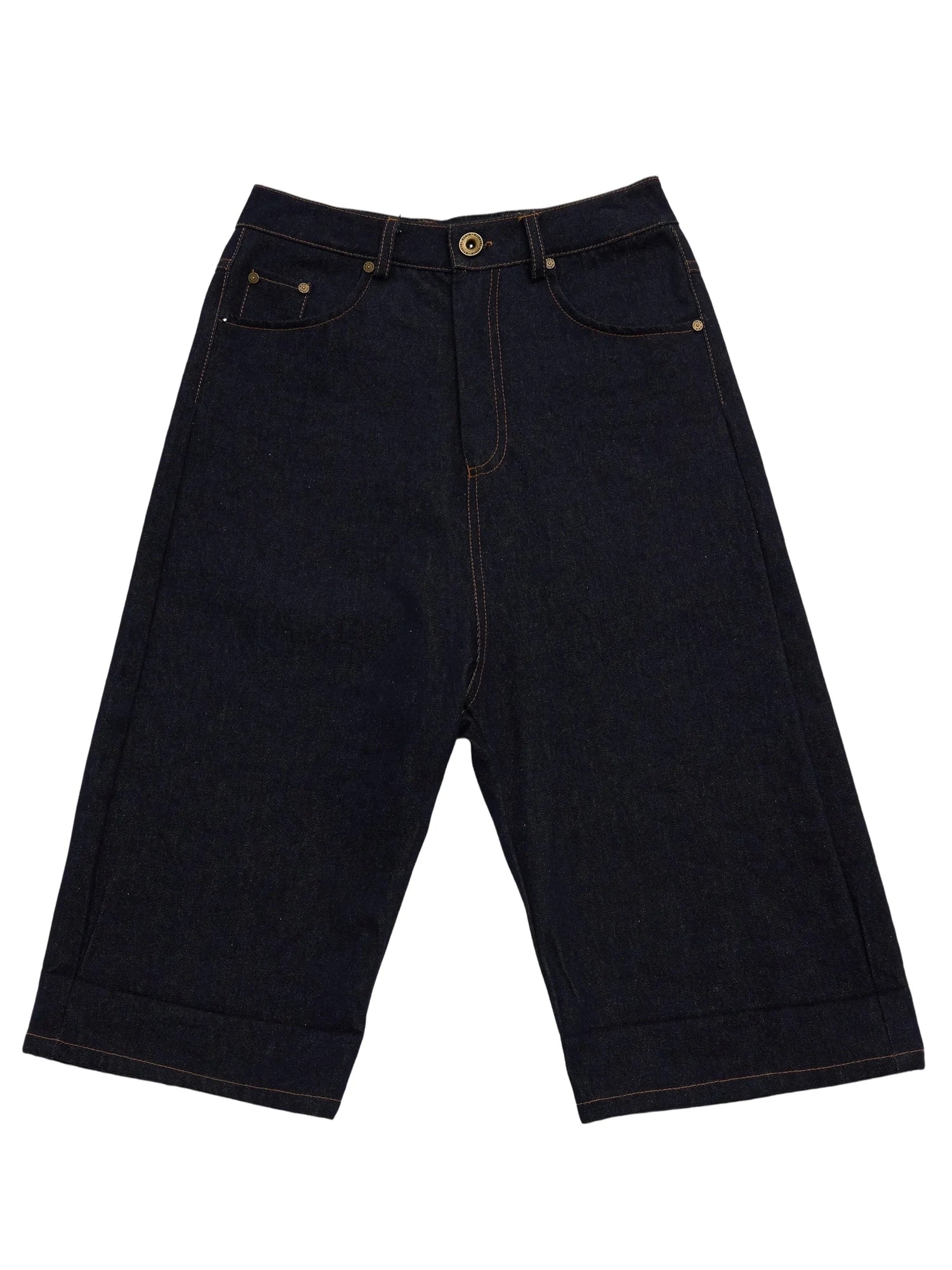 Navy Blue 100 Cotton Denim Cuffed Knee Length Shorts