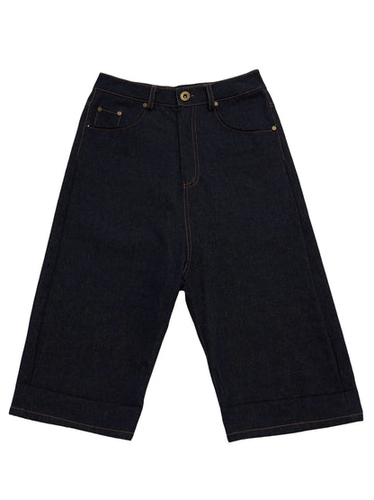 Navy Blue 100 Cotton Denim Cuffed Knee Length Shorts