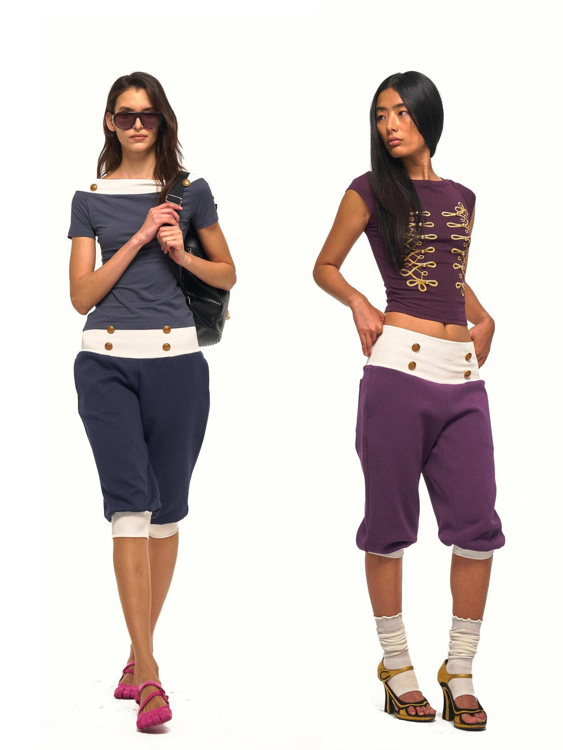 NyDkyel Navy Metal Button Ribbed Wide Waistband Loose Cuff Women&