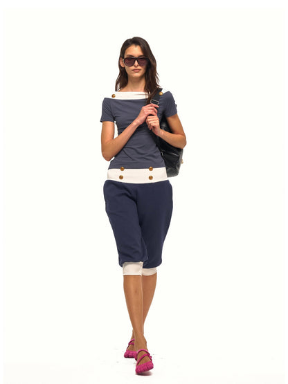 NyDkyel Navy Metal Button Ribbed Wide Waistband Loose Cuff Women&