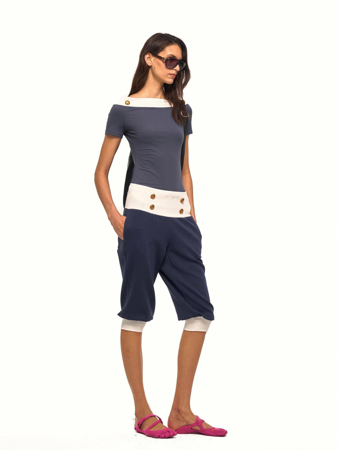 NyDkyel Navy Metal Button Ribbed Wide Waistband Loose Cuff Women&