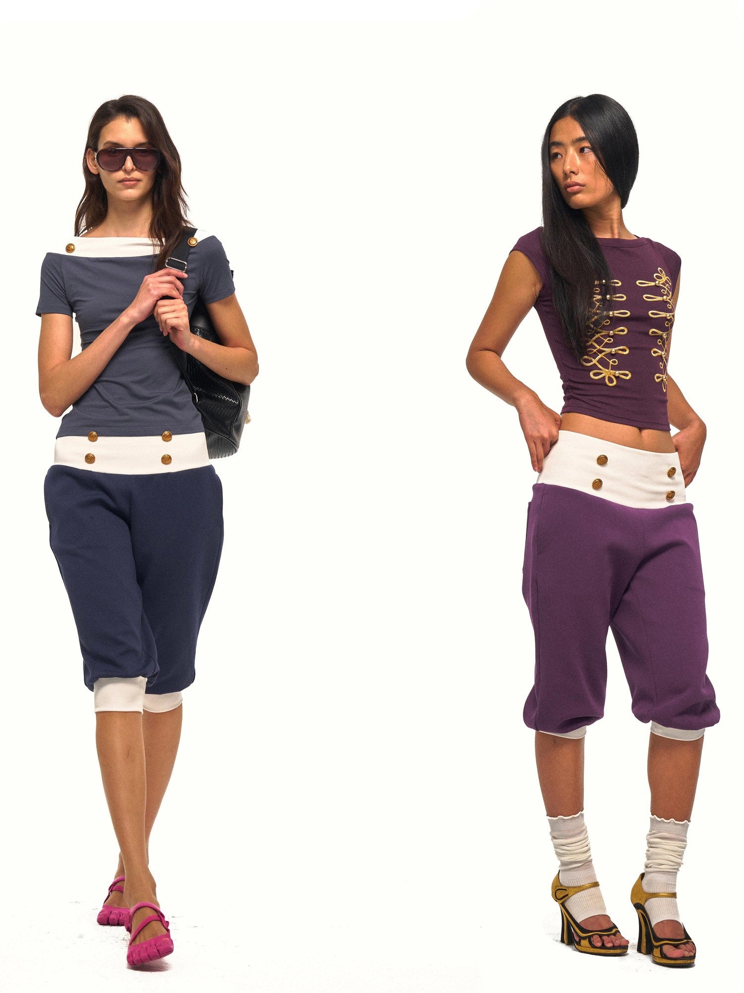 NyDkyel Navy Metal Button Ribbed Wide Waistband Loose Cuff Women&