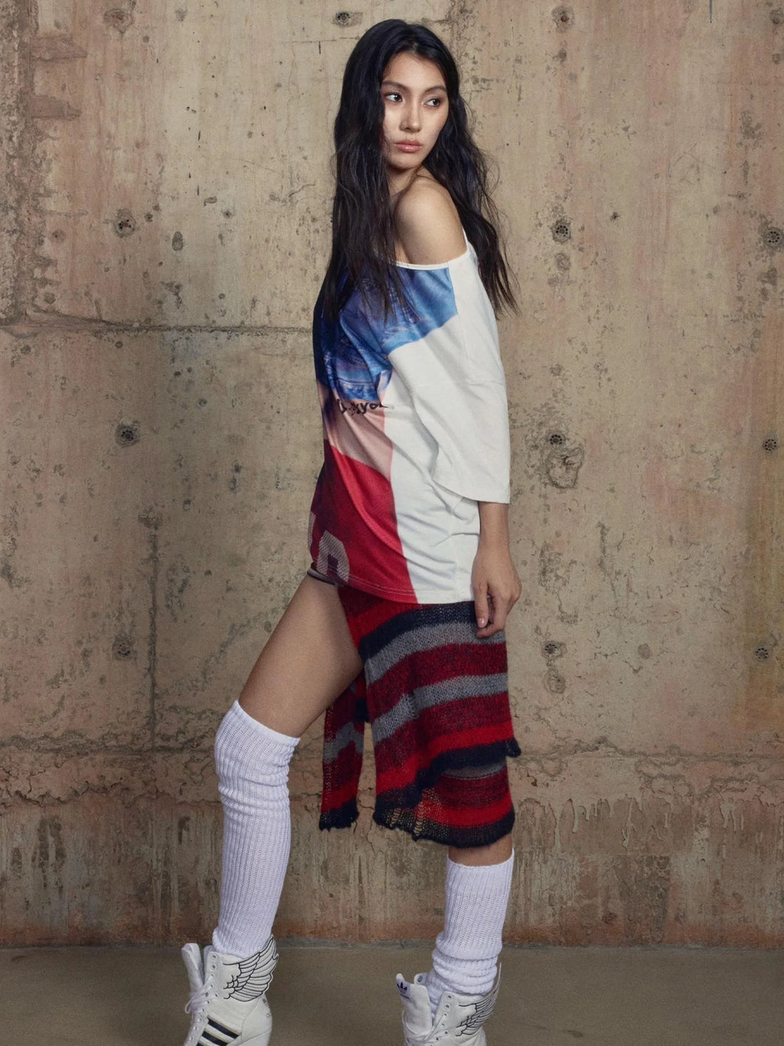 Oversized Slip Shoulder Tee With Vintage Portrait Print