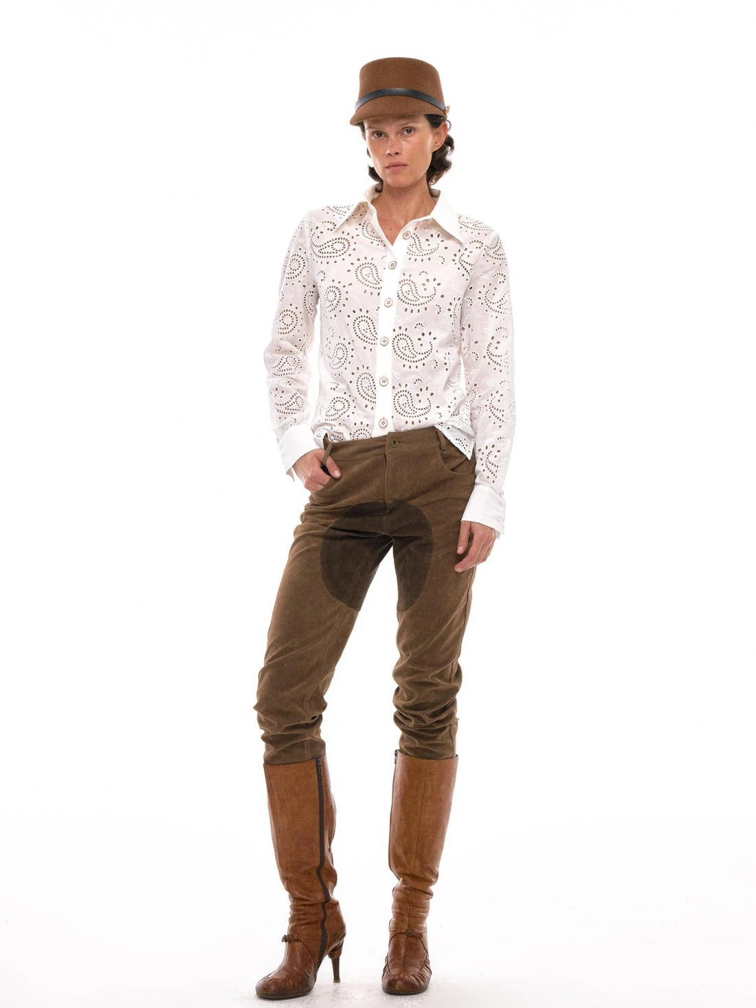 Paisley Cut Out Embroidered Fitted White Shirt