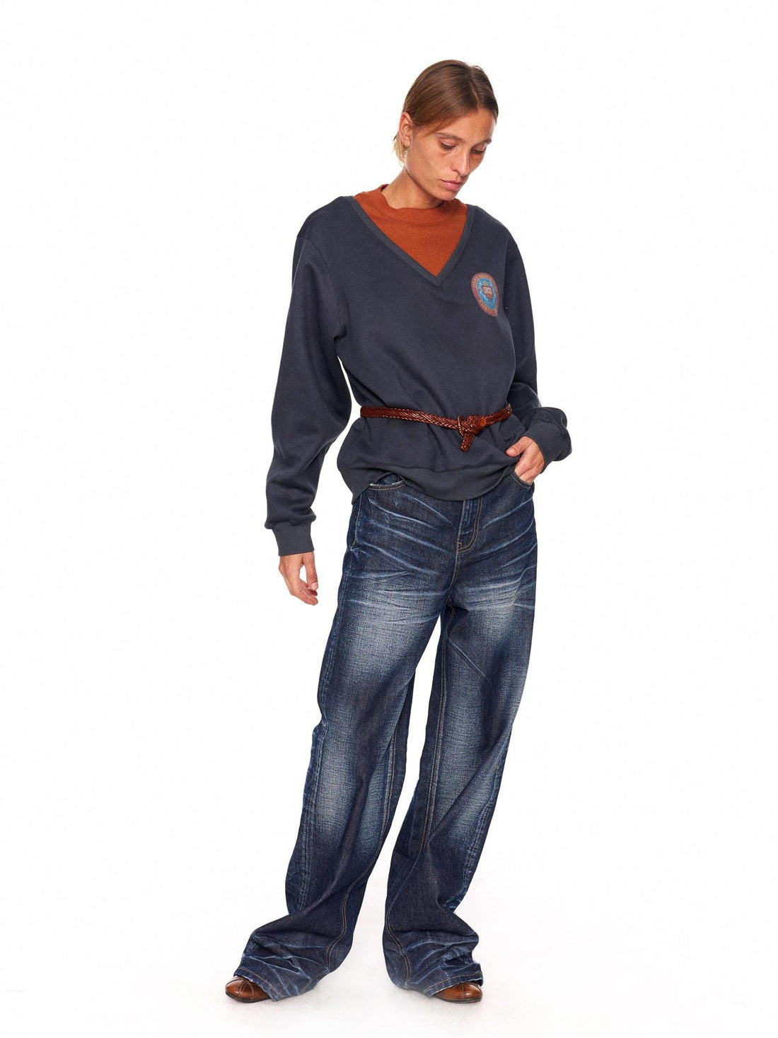 NyDkyel Poly Stretch Blend Oversized Vintage Drop Shoulder Unisex Navy Crewneck Hoodies