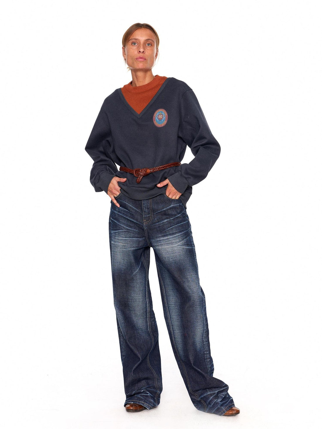 NyDkyel Poly Stretch Blend Oversized Vintage Drop Shoulder Unisex Navy Crewneck Hoodies