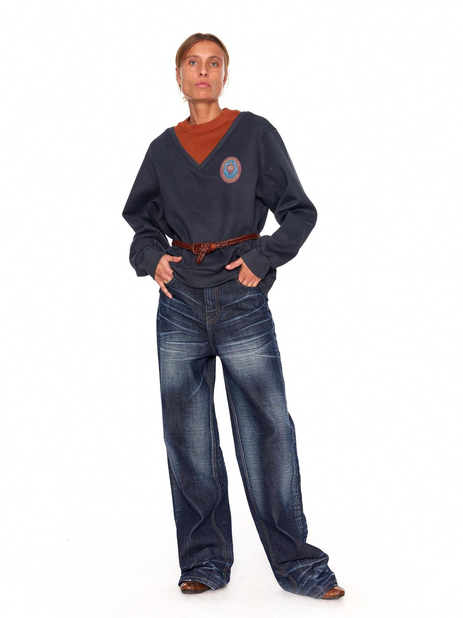 NyDkyel Poly Stretch Blend Oversized Vintage Drop Shoulder Unisex Navy Crewneck Hoodies