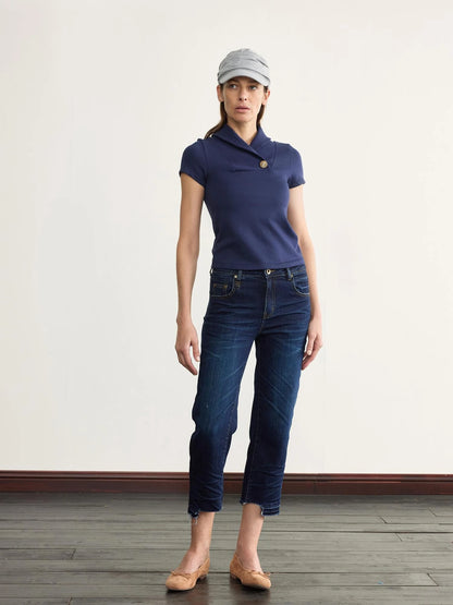 Prussian Blue Stretch Ribbed Mock Neck Equestrian Tee