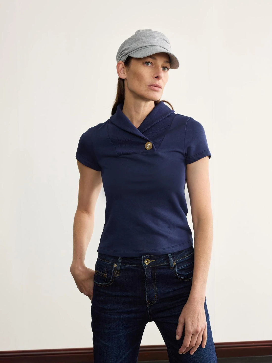 Prussian Blue Stretch Ribbed Mock Neck Equestrian Tee