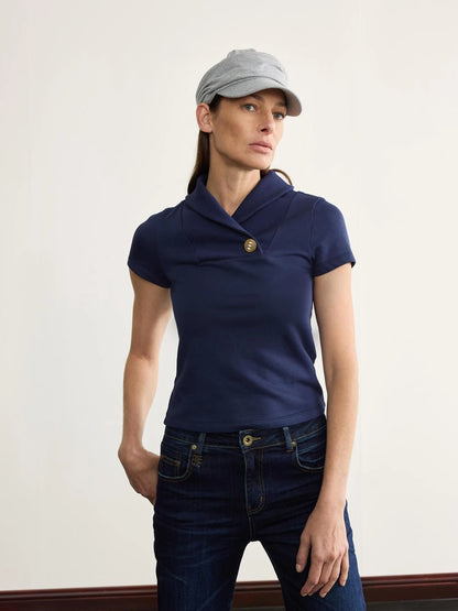 Prussian Blue Stretch Ribbed Mock Neck Equestrian Tee