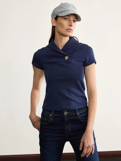 Prussian Blue Stretch Ribbed Mock Neck Equestrian Tee