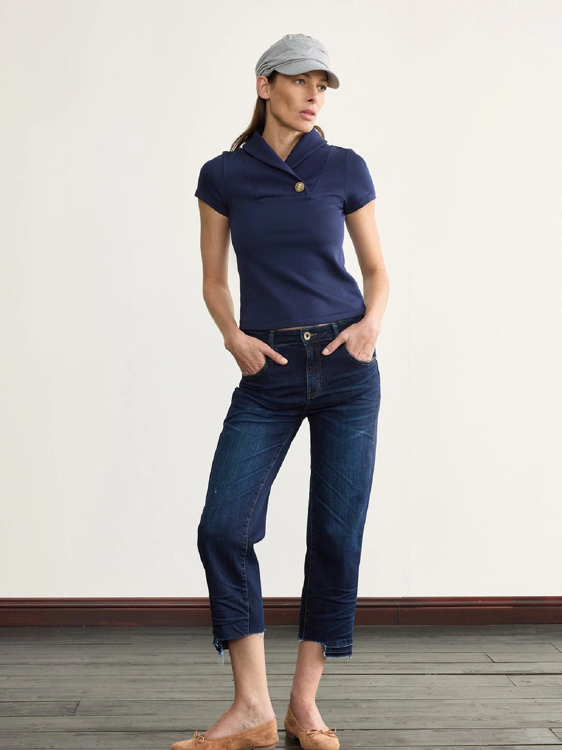 Prussian Blue Stretch Ribbed Mock Neck Equestrian Tee