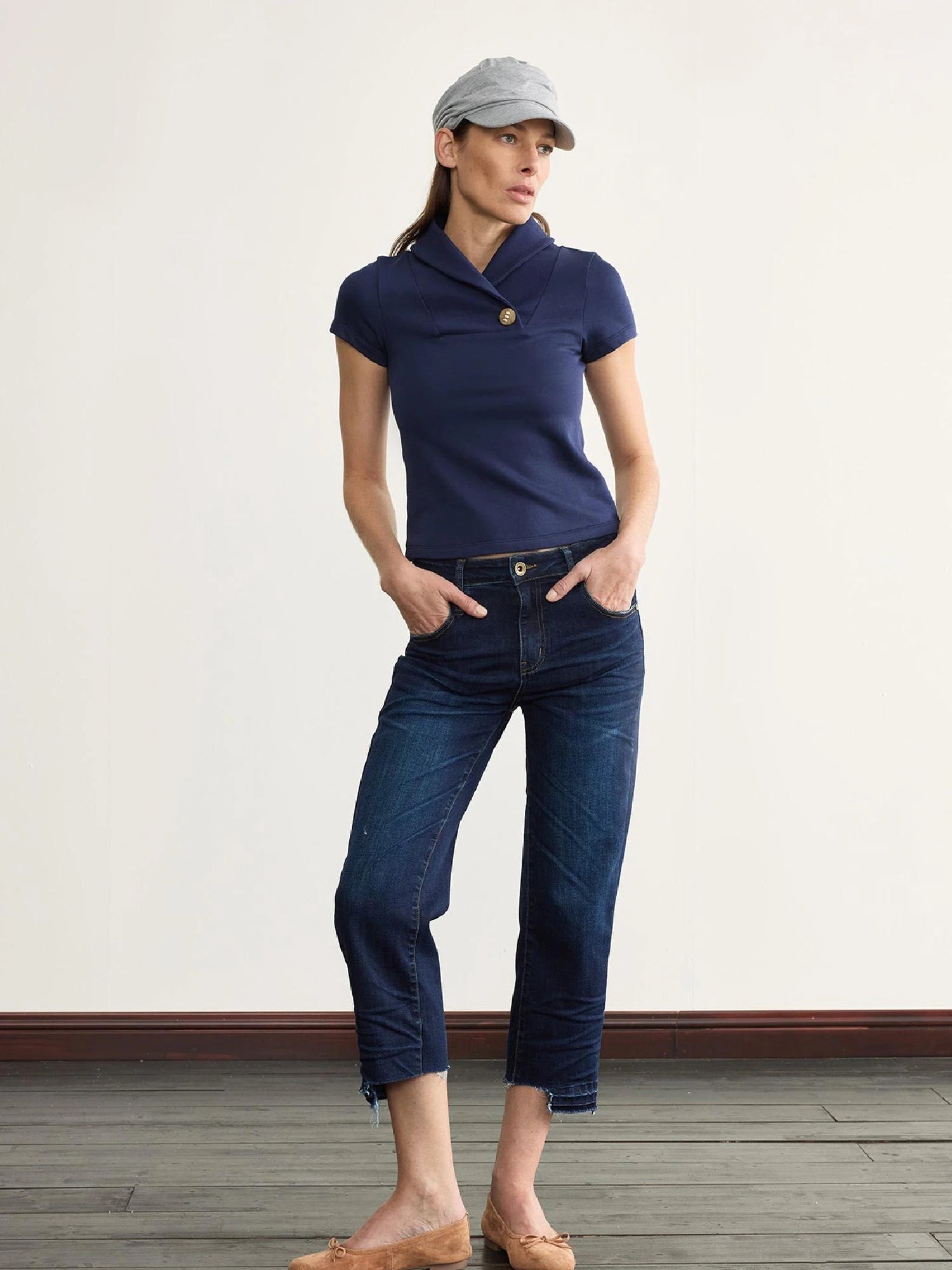 Prussian Blue Stretch Ribbed Mock Neck Equestrian Tee
