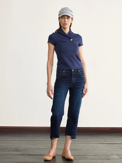 Prussian Blue Stretch Ribbed Mock Neck Equestrian Tee