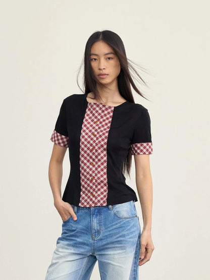 Red White Check Knit Trim Stretch Slim Fit Short Sleeve Cardigan