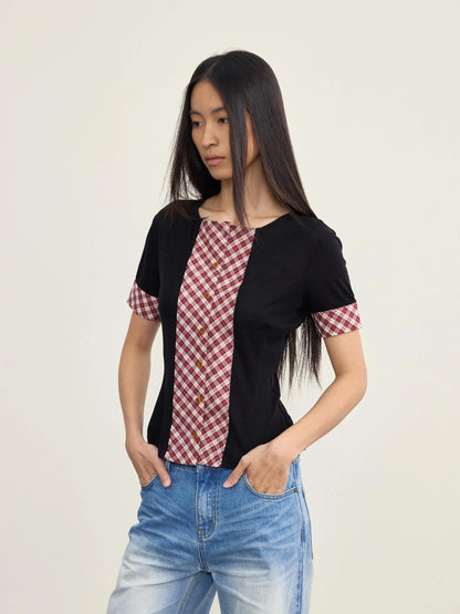 Red White Check Knit Trim Stretch Slim Fit Short Sleeve Cardigan