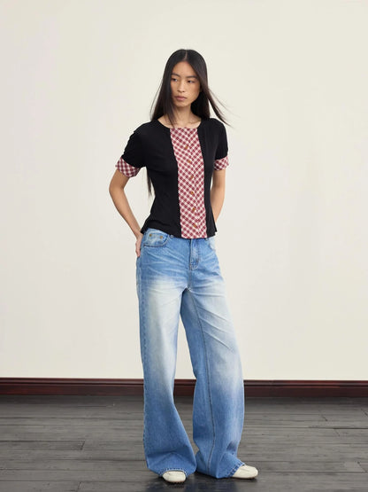 Red White Check Knit Trim Stretch Slim Fit Short Sleeve Cardigan
