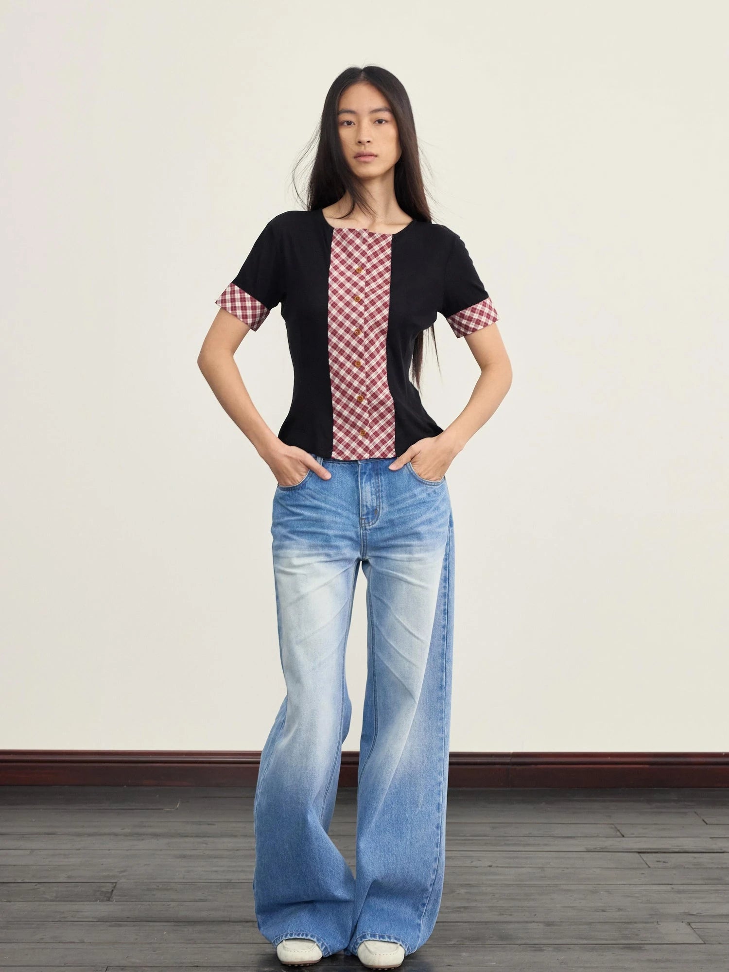 Red White Check Knit Trim Stretch Slim Fit Short Sleeve Cardigan