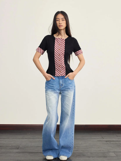 Red White Check Knit Trim Stretch Slim Fit Short Sleeve Cardigan