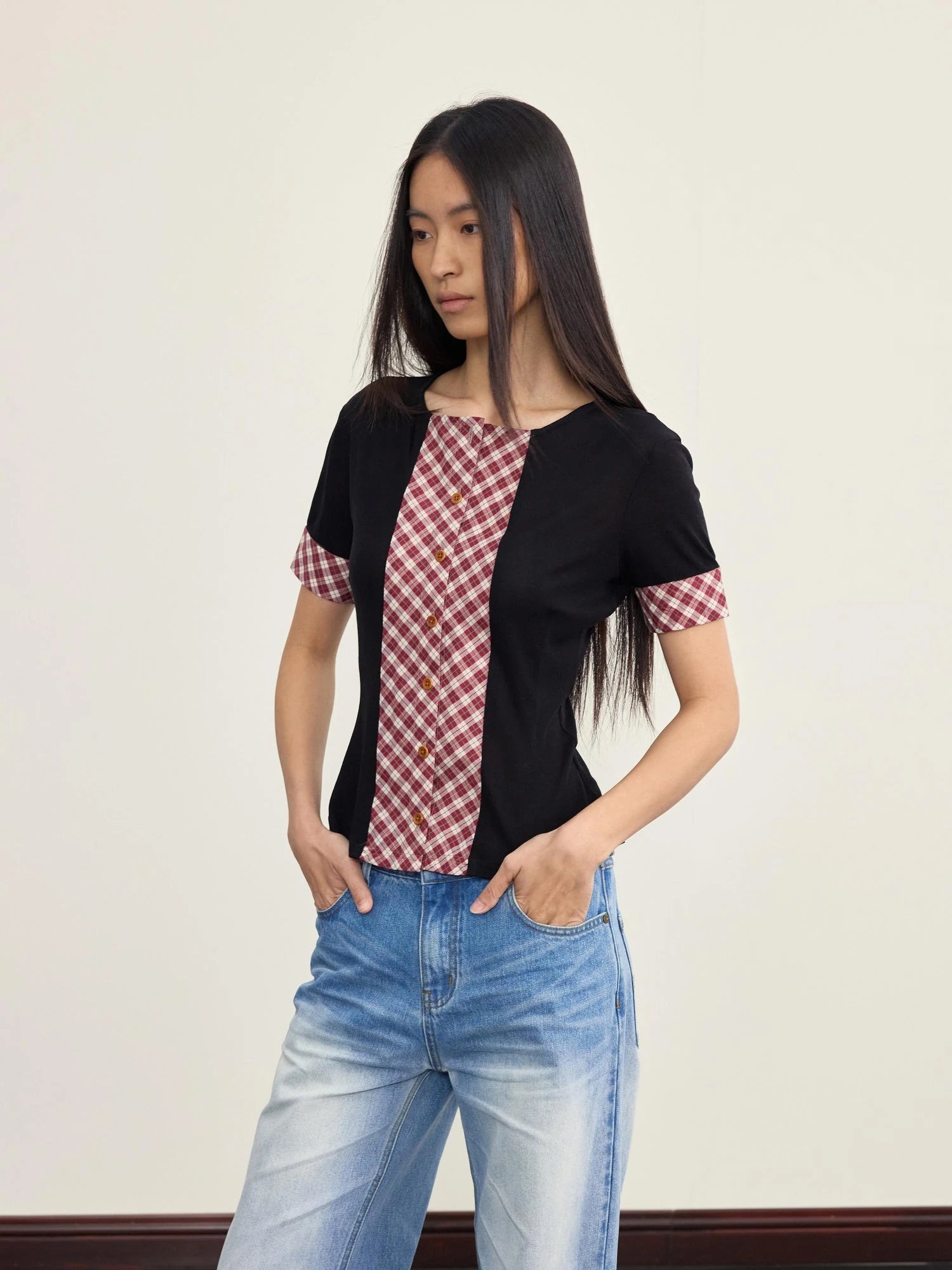 Red White Check Knit Trim Stretch Slim Fit Short Sleeve Cardigan