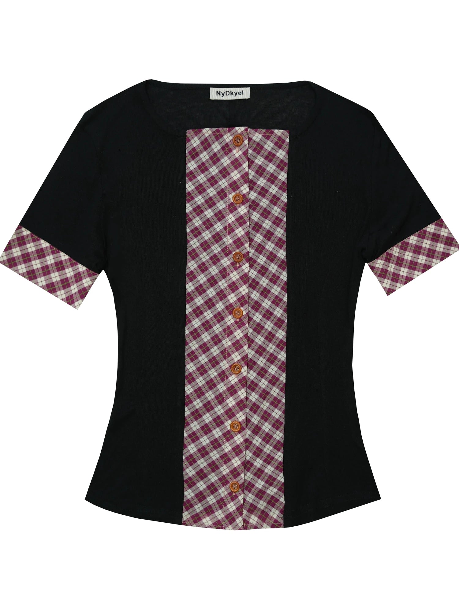 Red White Check Knit Trim Stretch Slim Fit Short Sleeve Cardigan